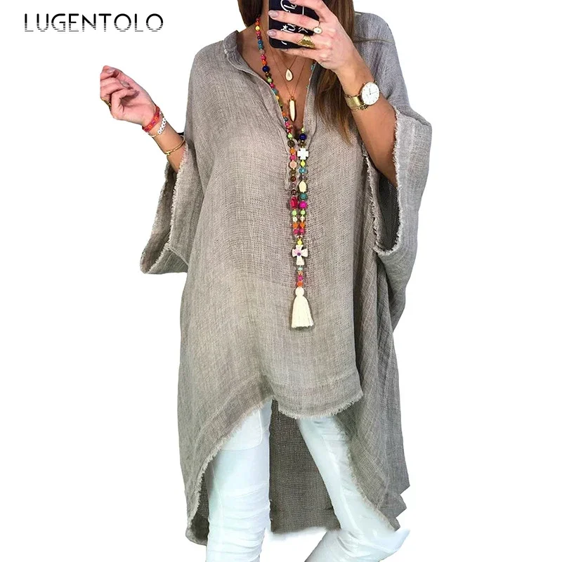 Lugentolo Large Size Blouses Women Linen Loose V-Neck Solid Three Quarter Casual Irregular Hem Womens Tops and Shirts