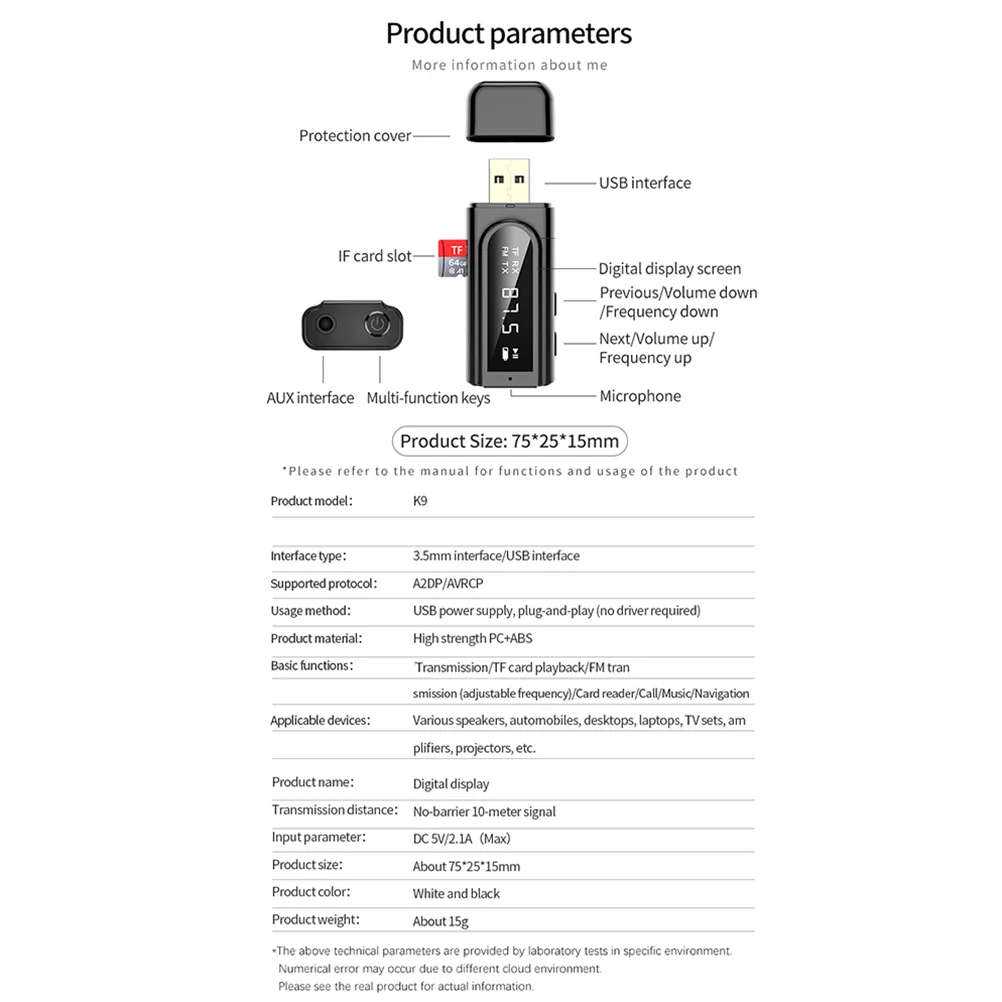 Wireless Receiver Transmitter LED Car FM Reader 35mm AUX Jack USB Wireless Audio Adapter (Black)