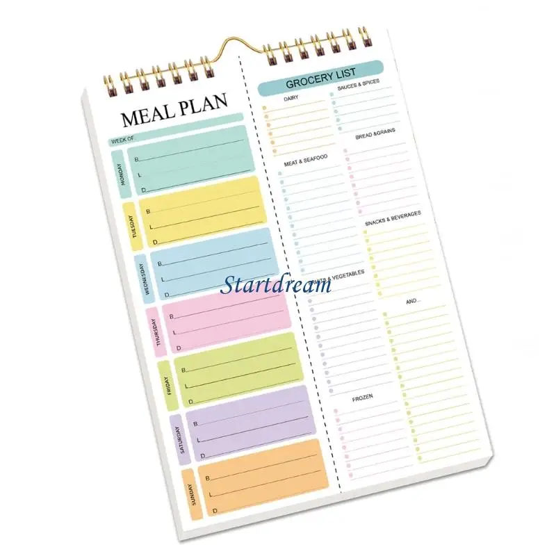Carnet planification repas hebdomadaire K92C, avec listes d'épicerie déchirables reliure à spirales solides, pour