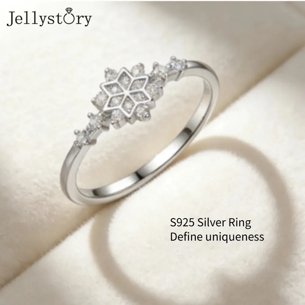 JellyStory Hexagonal Snowflake Ring Winter Magic Love Gift S925 Silver Full Inlaid Moissanite Sparkling Light Luxury Jewelry