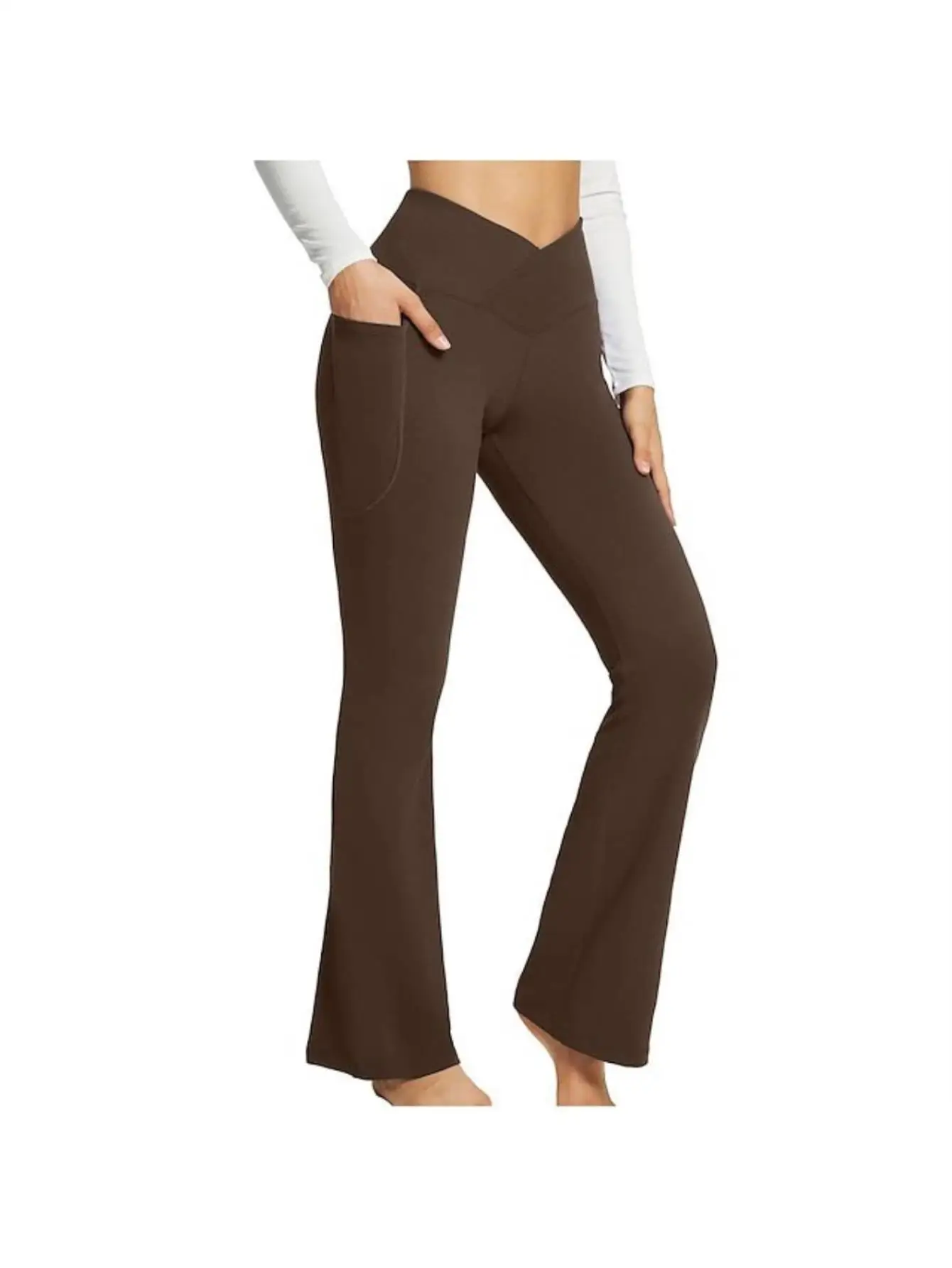 

Женские расклешенные брюки для йоги с карманами, леггинсы-клеш, удобные брюки с перекрестными швами, повседневные брюки с высокой талией и расклешенным низом