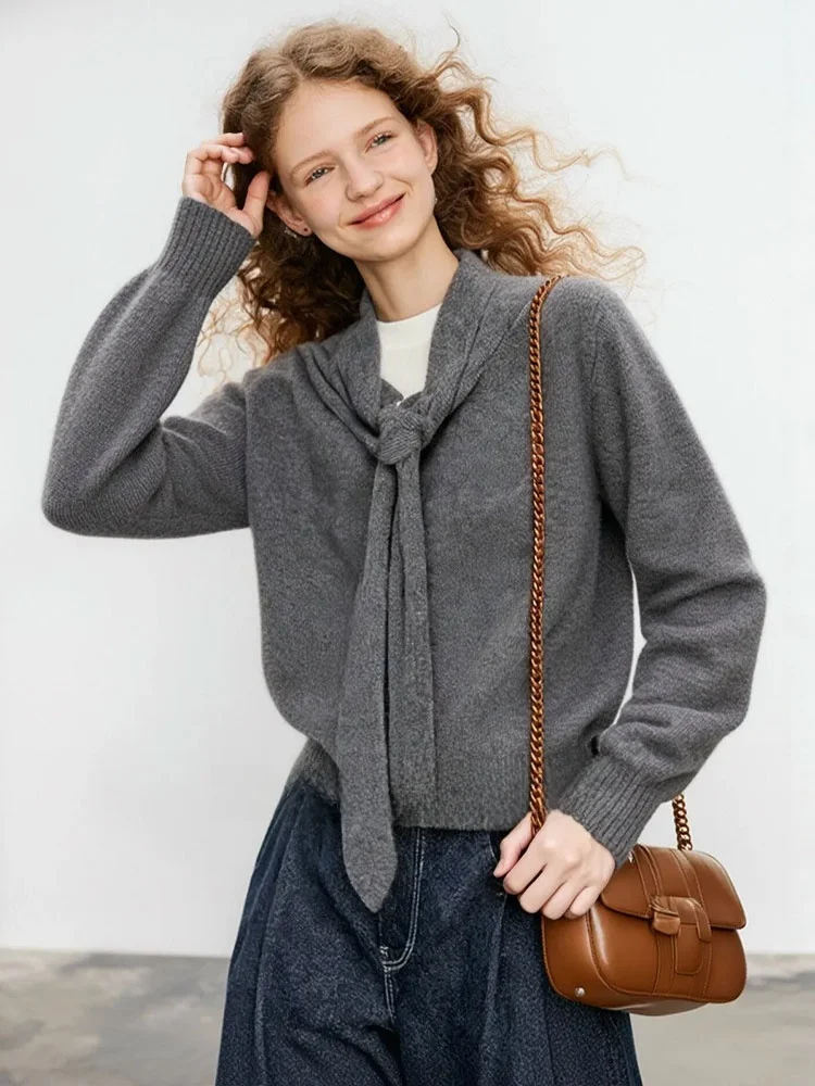 

ZhuoZhi Lazy ey Knitted Sweater with Bow Tie Casual Overhead Faionable Fall 2025 Women's French Sle Soft Long Sve V-...