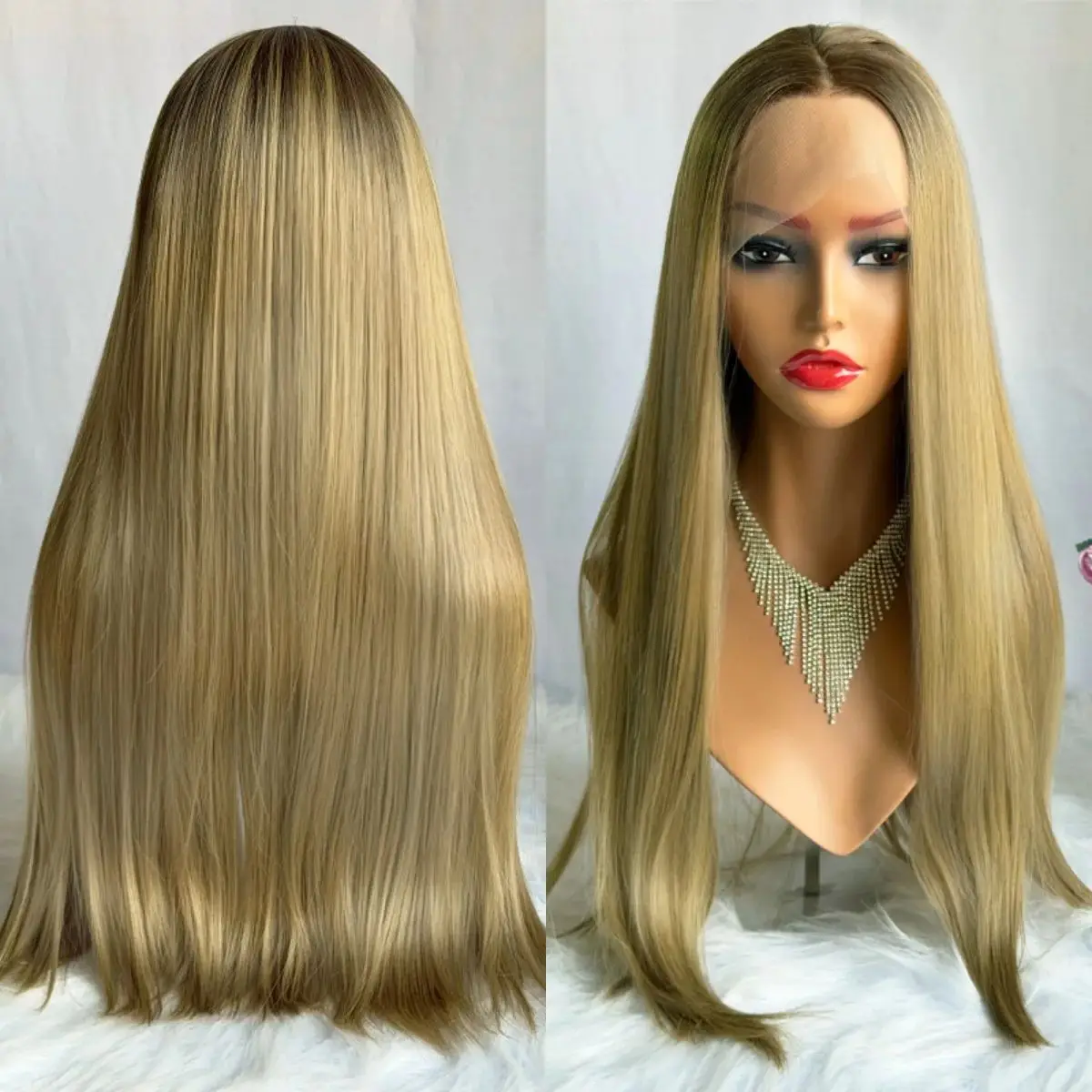 22 Inches Long Length Natural Straight Brunette Fibre Ombre Caramel Brown Shadow Roots High Density Synthetic Lace Front Wigs