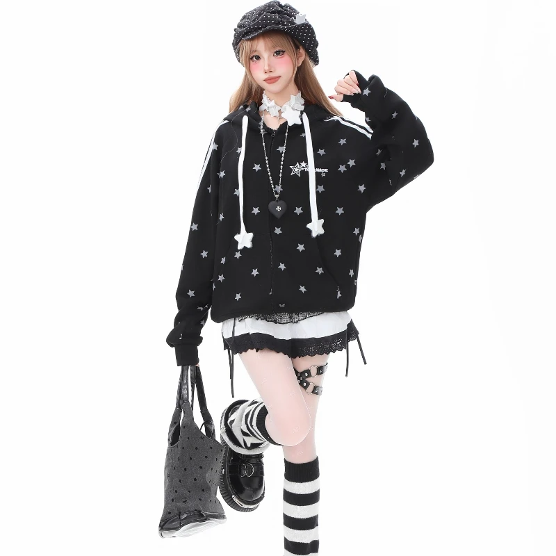 American Retro Star Full Print Striped Raglan Hooded Sweatshirt Women 2025 Spring Autumn Loose Slimming Versatile Coat Ladies