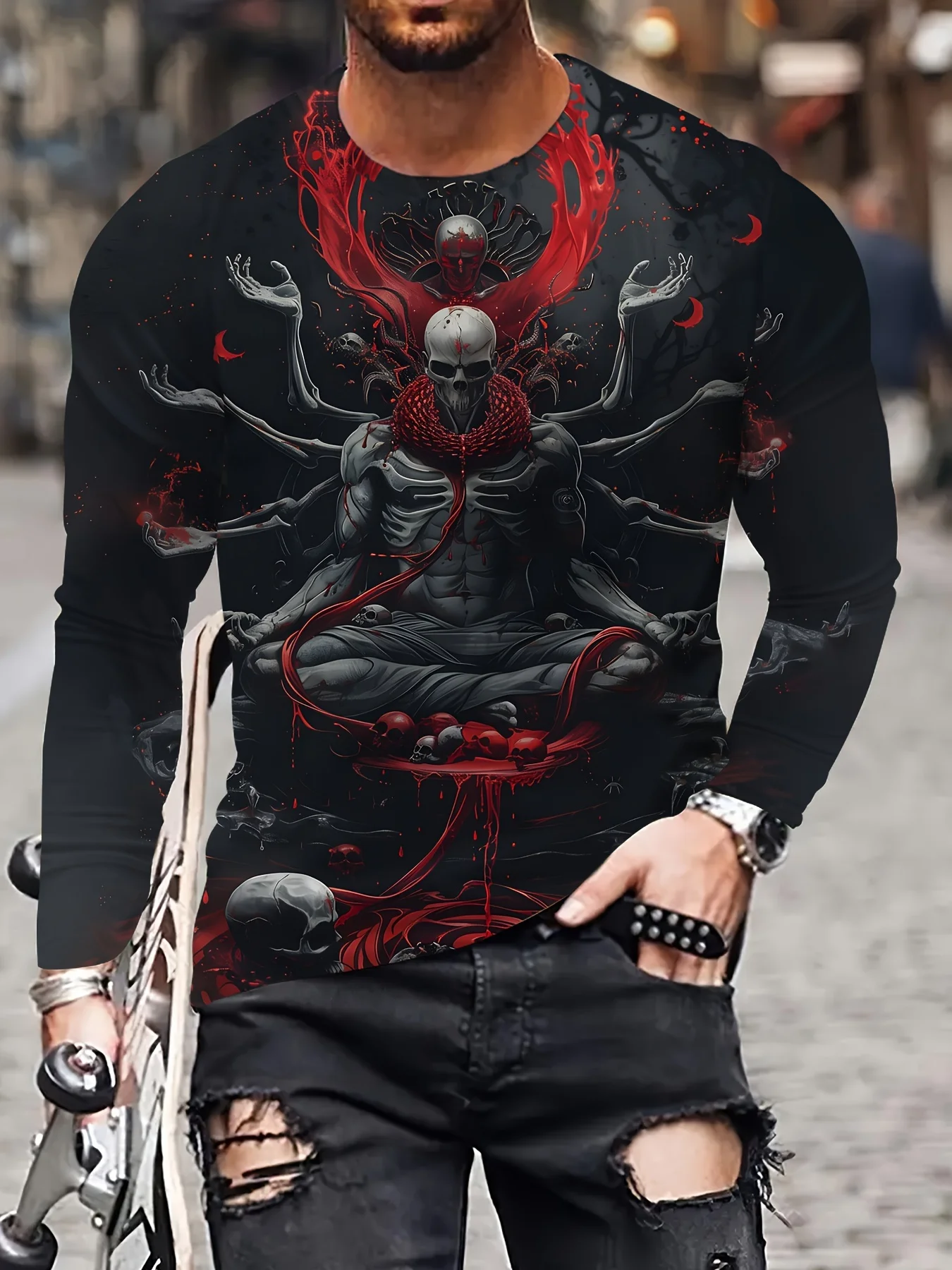 2026 New Hot Selling Family Matching Round Neck Long Sleeve, 3D Fully Printed Skull Death Halloween Pattern Casual Festival Top