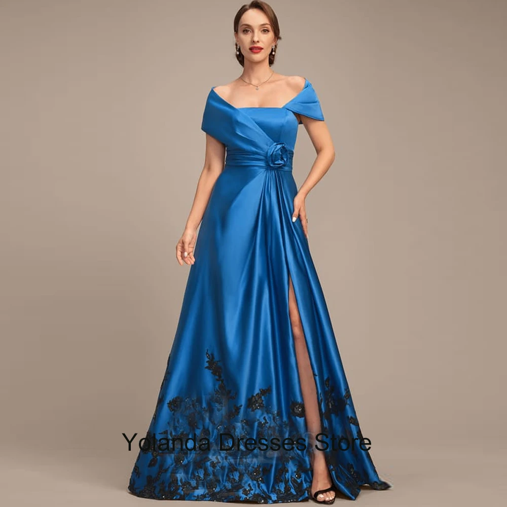 

Customized trapless Long Shoulders Satin Dress For Mother of the Bride with Floral Lace Appliques Pleated Sequins Wedding Party