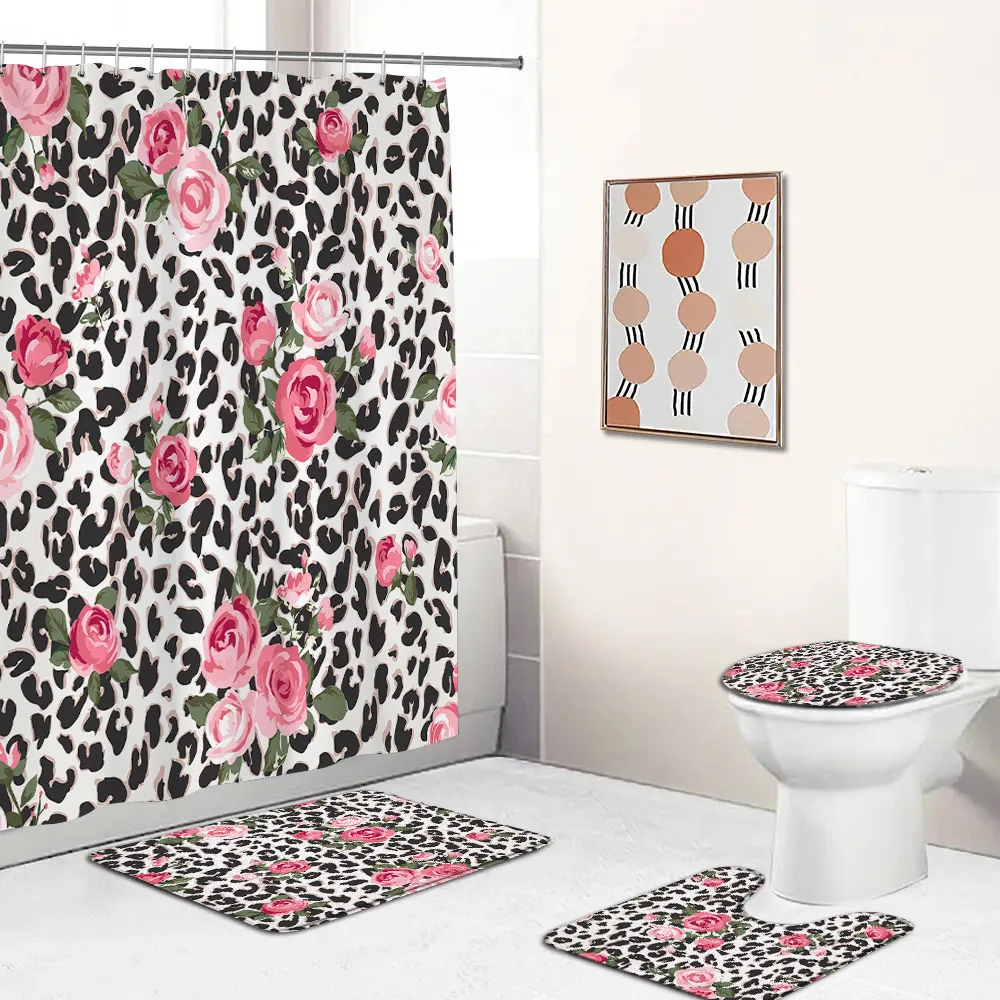 Leopard Pattern Shower Curtain Set Panther Zebra Stripes Pink Rose Fashion Non-slip Bath Mat Modern Home Carpet Toilet Lid Cover