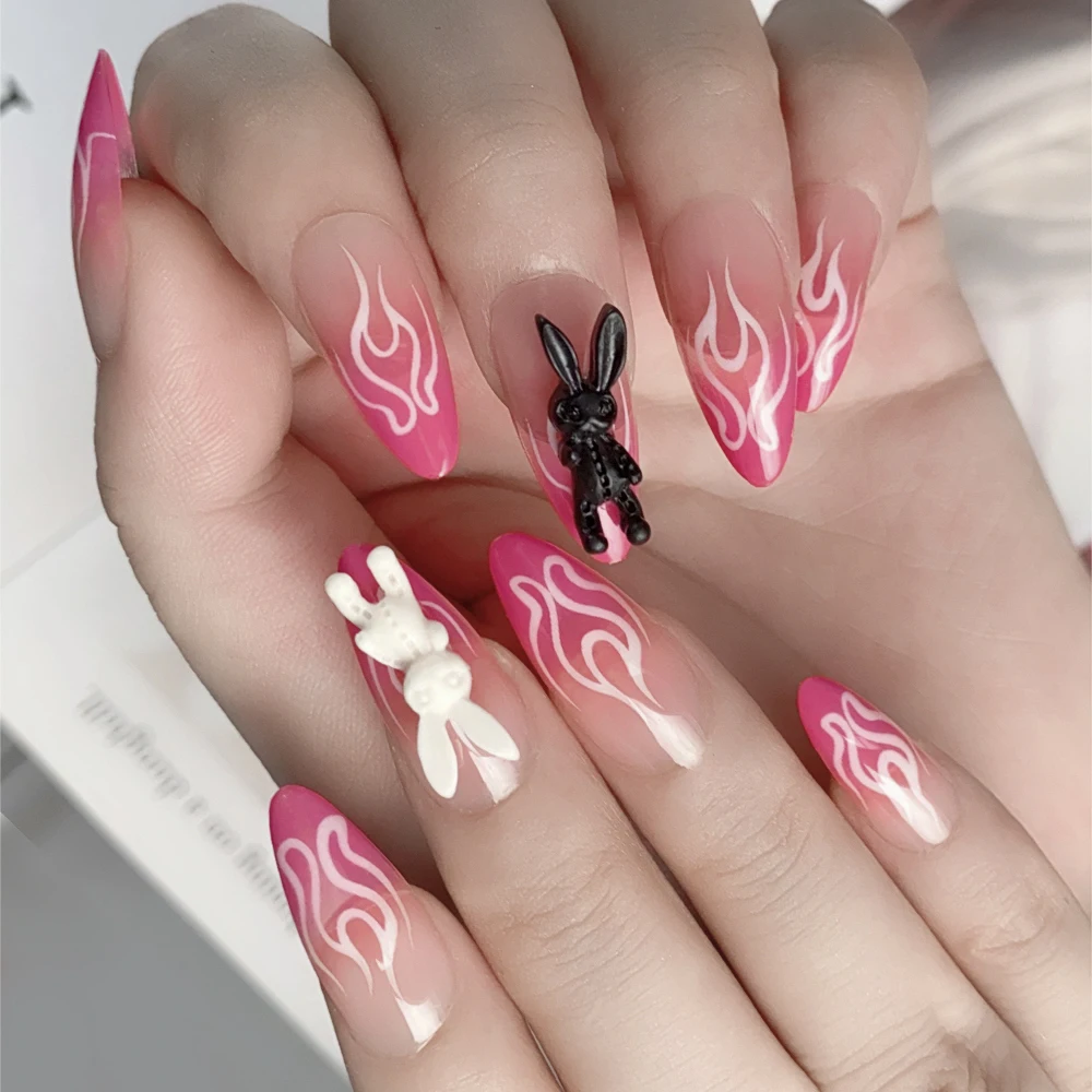 24개 그라데이션 핑크 아몬드 모양 3D 토끼 모양 라인스톤 장식 화이트 불꽃 프레스온 네일 심플 탈부착 가능 가짜 네일 팁
