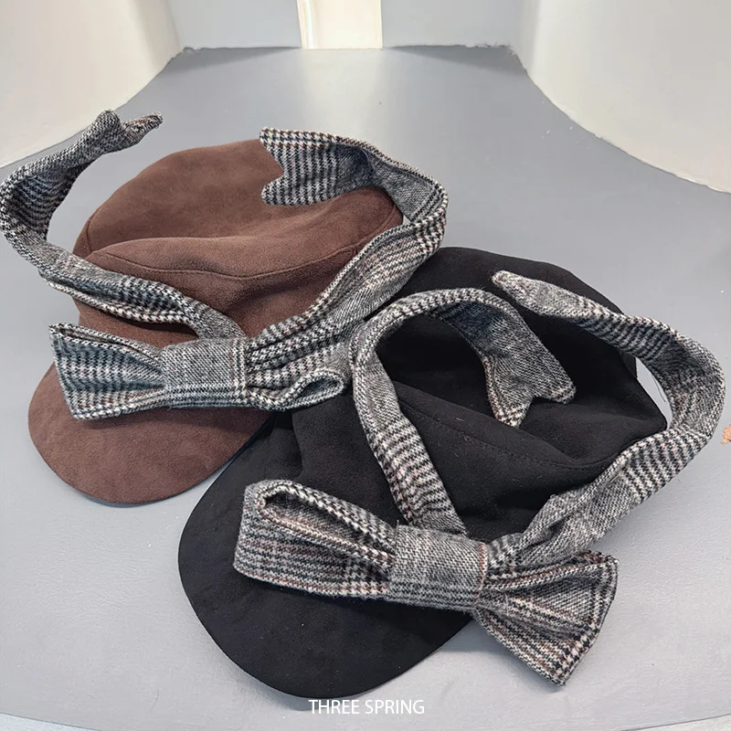 Nischen-Koreanische dreidimensionale Karomuster-Bow-Beret-Mütze, Herbst- und Winter-Modell, personalisierte, warme, literarische Malermütze im britischen Stil für Damen – Detail 5