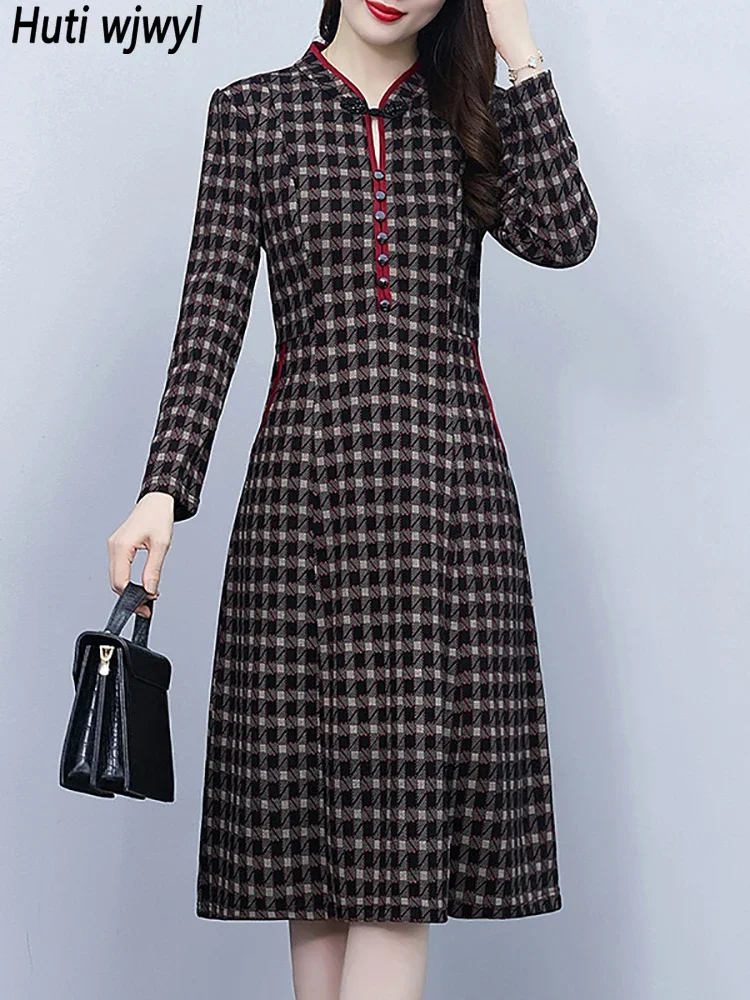 Elegant Black Plaid Chic Female Formal Dress Autumn Winter Casual Party Cheongsam Dress 2024 Vintage Bodycon Luxury Long Vestido