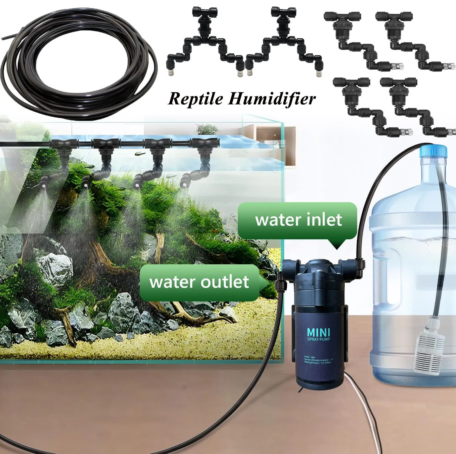 Reptile Humidifier, Quiet Pump Mister Fogger For Terrarium With 4 Single Misting Nozzle + 2 Double Misting Nozzle For Terrariums