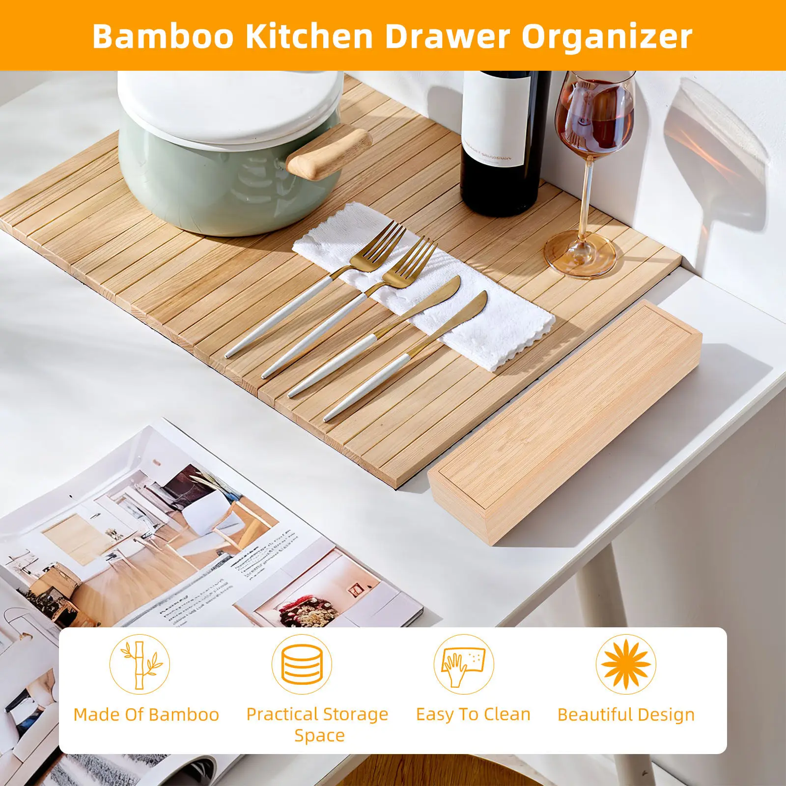 

Органайзер для столовых приборов из бамбука, 1 шт., коробка для хранения ножей, вилок, ложек, палочек для еды, контейнер для кухонной утвари, экологичный.