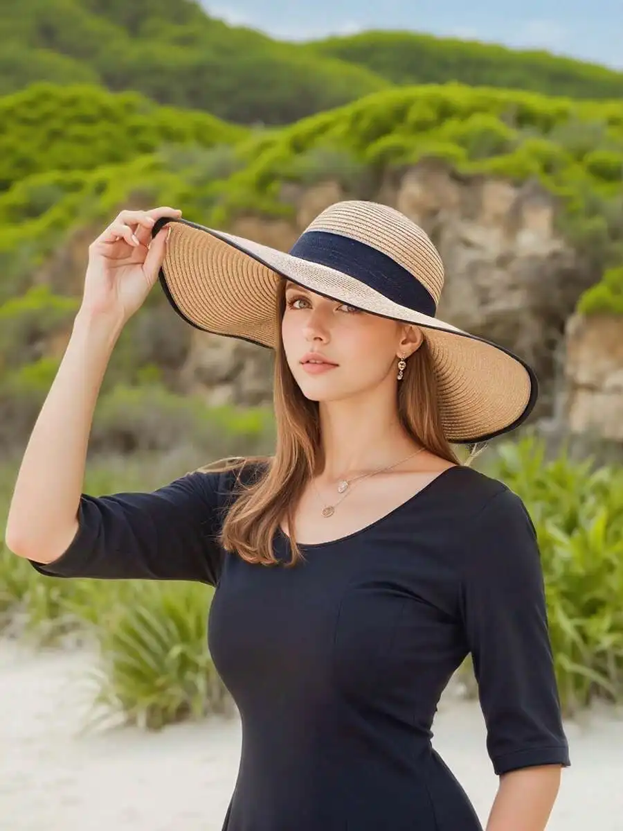 

Womens Extra Large Wide Brim Straw Sun Hat With Ribbon Bow Summer Beach UV Protection Foldable