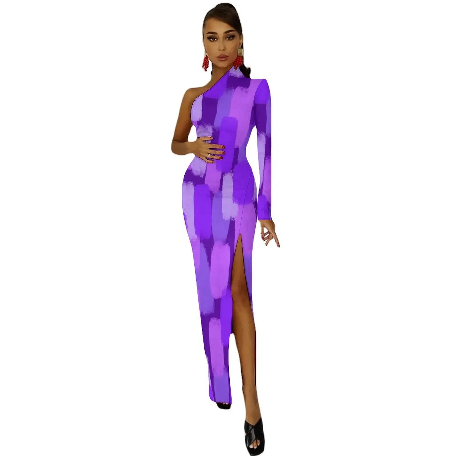 Purple Paint Brush Maxi Dress One Shoulder Abstract Art Cute Bodycon Dress Spring Party Long Dresses Women Graphic Vestidos