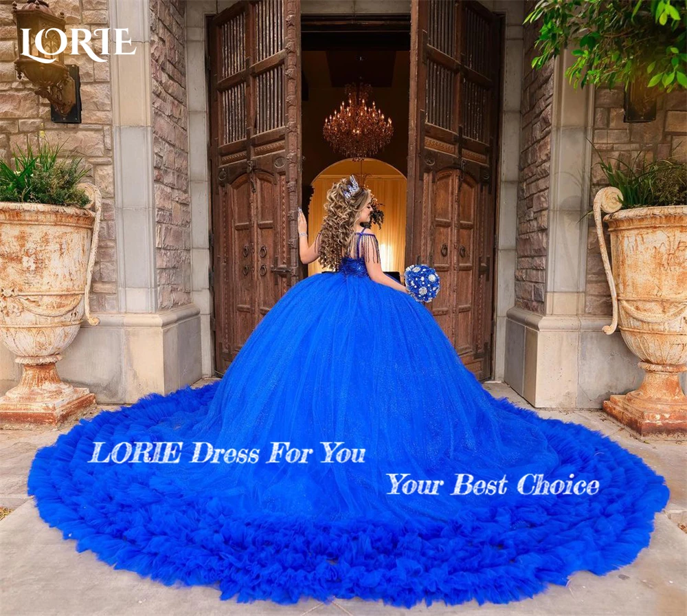 LORIE Royal Blue Glitter Formal Prom Dresses Off Shoulder Lace Beading Tiered Ruffles Evening Dress Backless Wedding Party Gowns