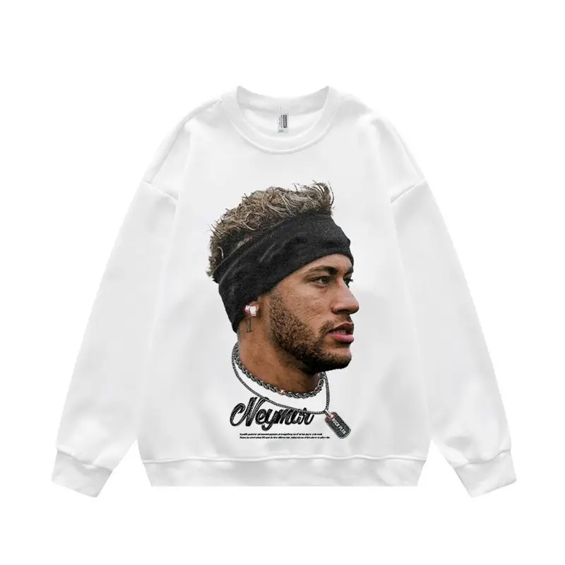 Football Star Neymar American Printed Long Sleeved Round Neck Hoodie for Men and Women's Retro Trendy Sports Shirt