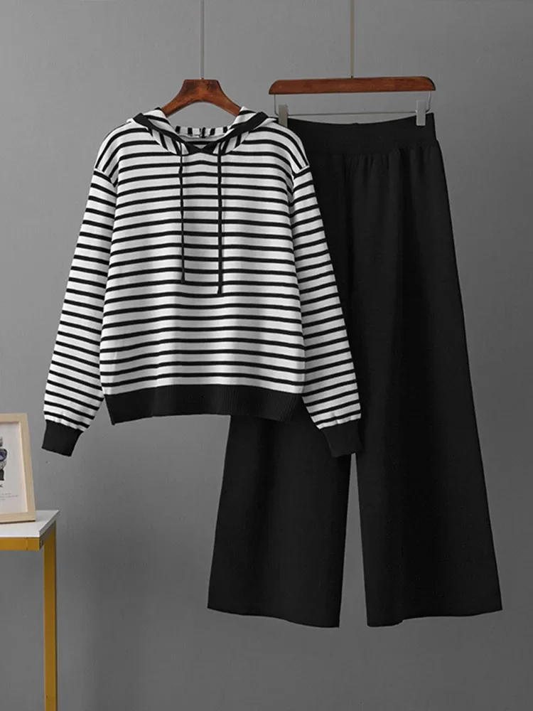 

Women Hooded Knitted Striped Knitwears Sweater Pullover Conjuntos High Waist Sweatpants Outfit Korean Fashion Knit 2 Piece Sets