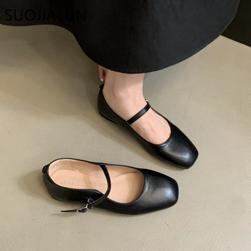 SUOJIALUN Autumn Women Flat Shoes Fashion Shallow Ladies Flat Heel Casual Dress Mary Jane Shoes Round Toe Soft Ballerinas Flat B