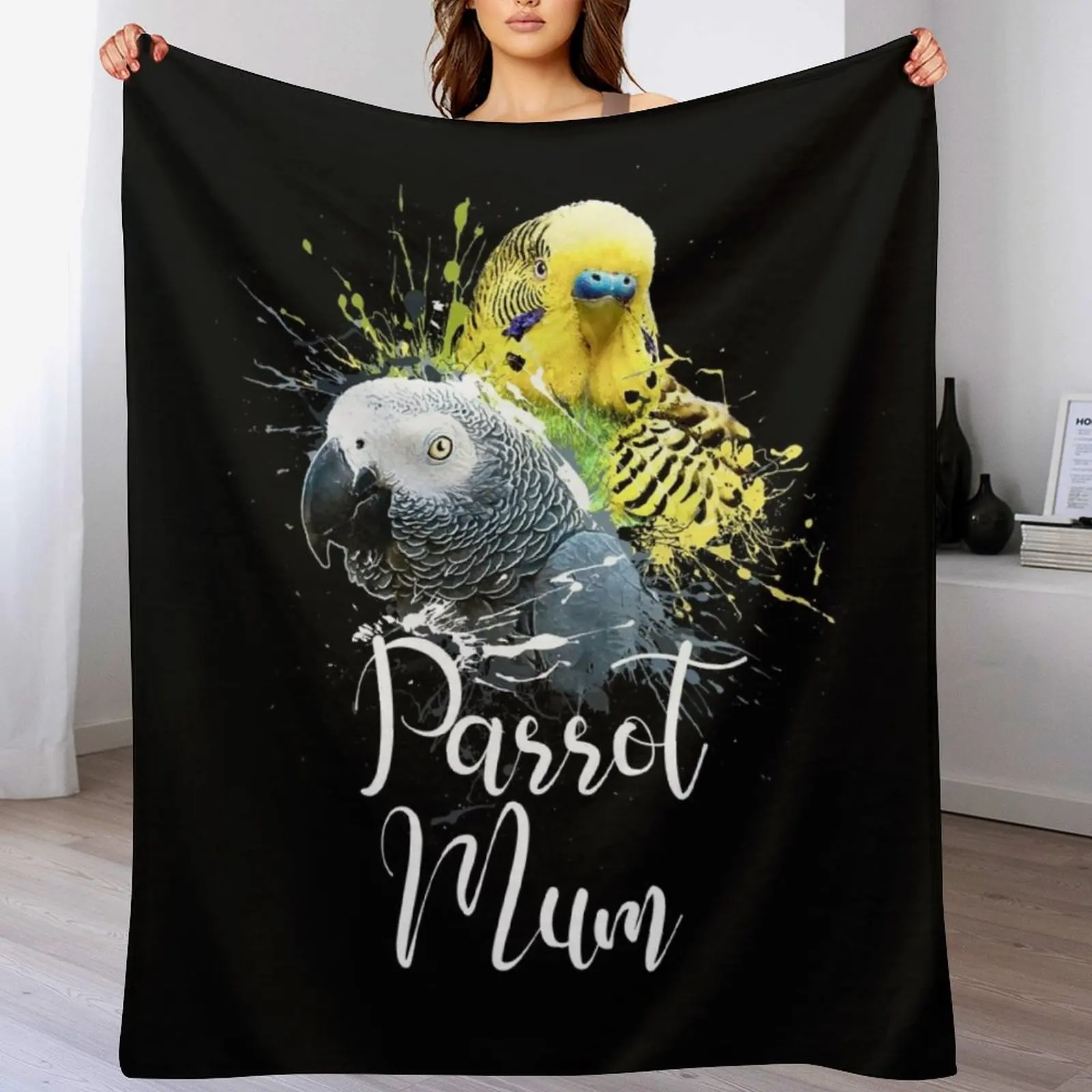 Color Splatter Parrot Mum African Grey and Budgie Black Throw Blanket Multi-Purpose Soft Beds for sofa Blankets