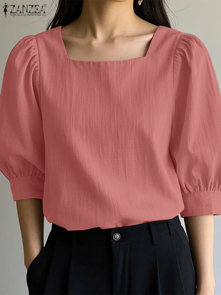 

2025 ZANZEA Elegant Women Square Neck Office Blouses Summer 3/4 Sleeve Work Shirt Casual Solid Holiday Tunic Tops Loose Chemise