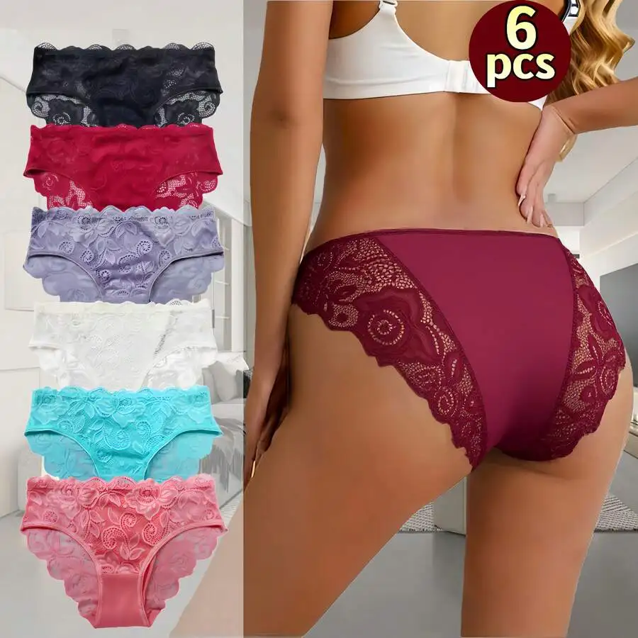 

6 Pcs Womens Lace Panties Mid-Rise Elastic Waist Floral Hollow Out Wavy Edge Breathable Seamless Underwear