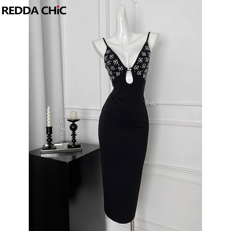 ReddaChic Sparkly Party Vrouwen Zwarte Bodycon Boog Broche Strass Corset V-hals Uitgesneden Hemdje Jurk Formele Zomer Kleding