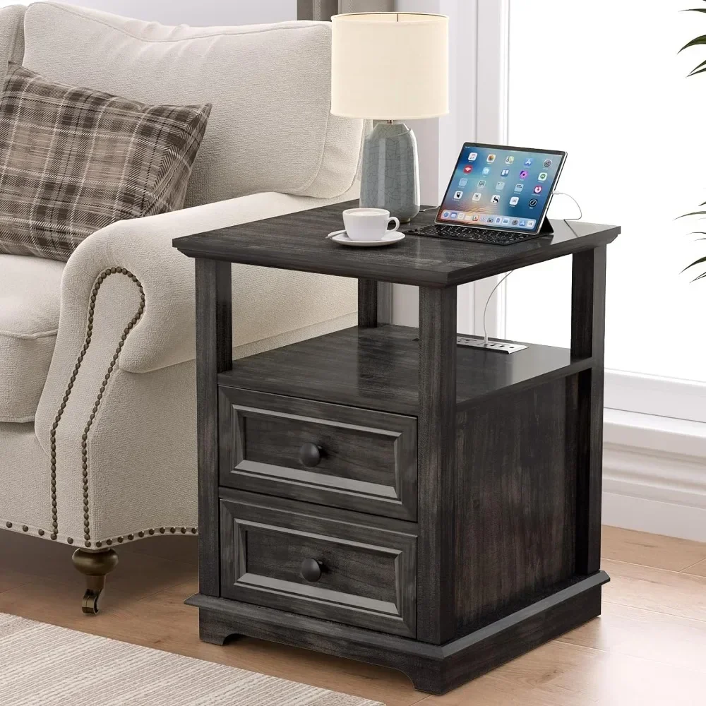 For Nightstand,with Fast USB C Charging Station,24” Tall Side Table,Large Storage Rustic Storage Cabinet,Olive Brown Nightstand^