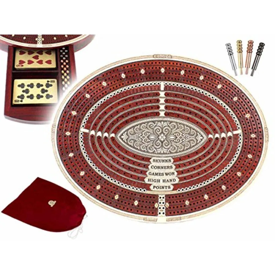Oval Shape 4 Tracks Continuous Cribbage Board and Box in Bloodwood Maple with Place for Skunks Corners Won Games High Hand and