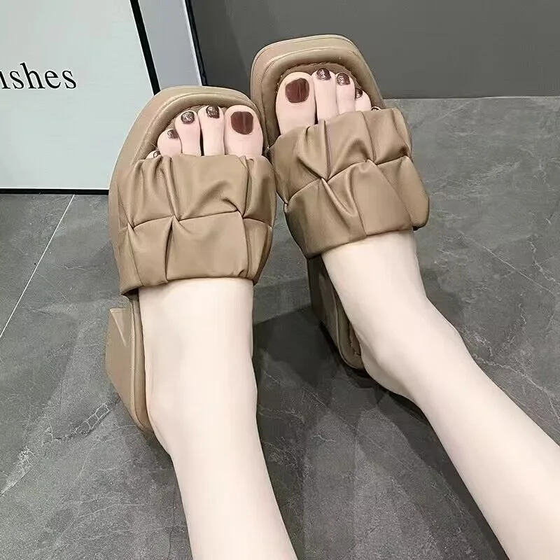 Summer High-heeled Casual Women Fish Mouth Shoes Ladies Shoes on Sale 2024 Fashion New Square Toe Anti-wrinkle Women's Slippers image 6
