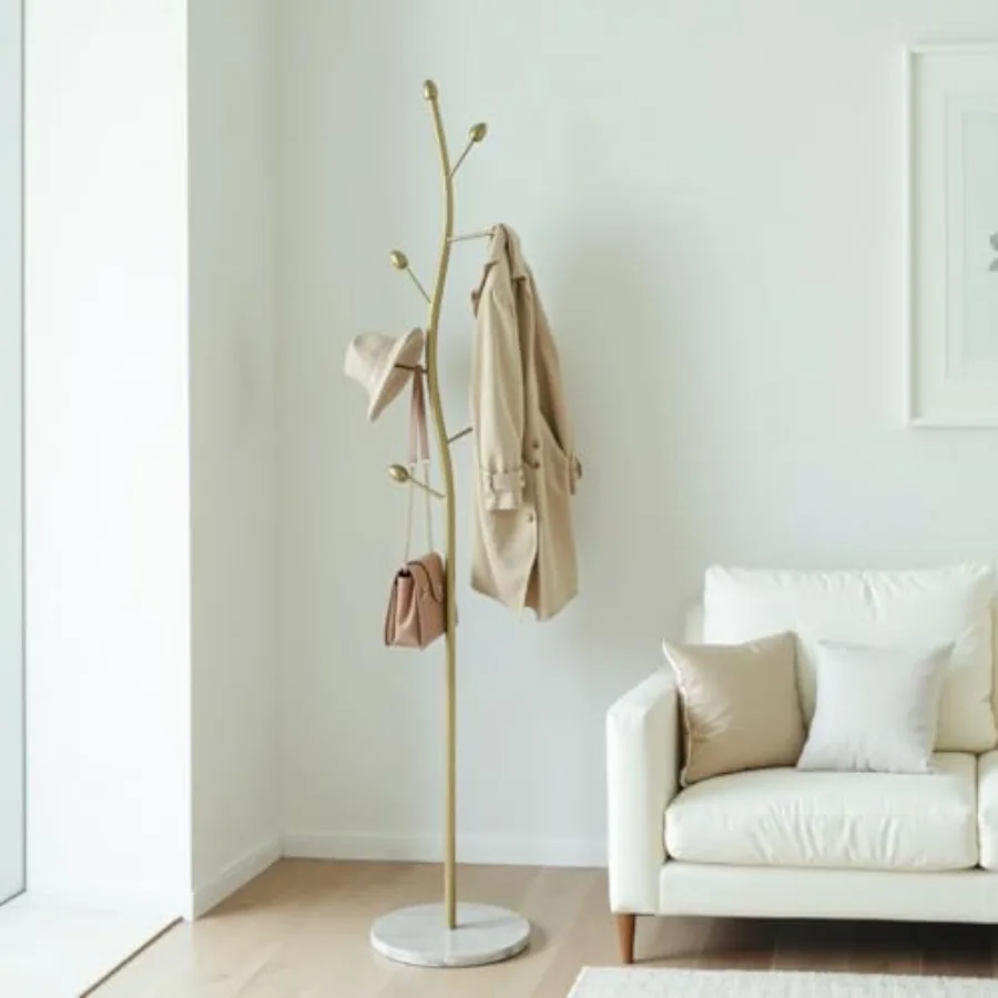 

Напольная вешалка для одежды Gold Coat Rack из металла с покрытием и основанием из натурального мрамора для хранения шляп, шарфов, сумок и курток в современном стиле