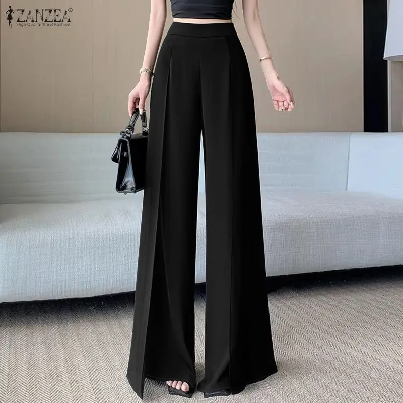 ZANZEA Stylish Splicing Trousers 2026 Summer Wide Leg Pants Women High Waist Baggy Pantalon Elegant Casual Solid OL Work Pants