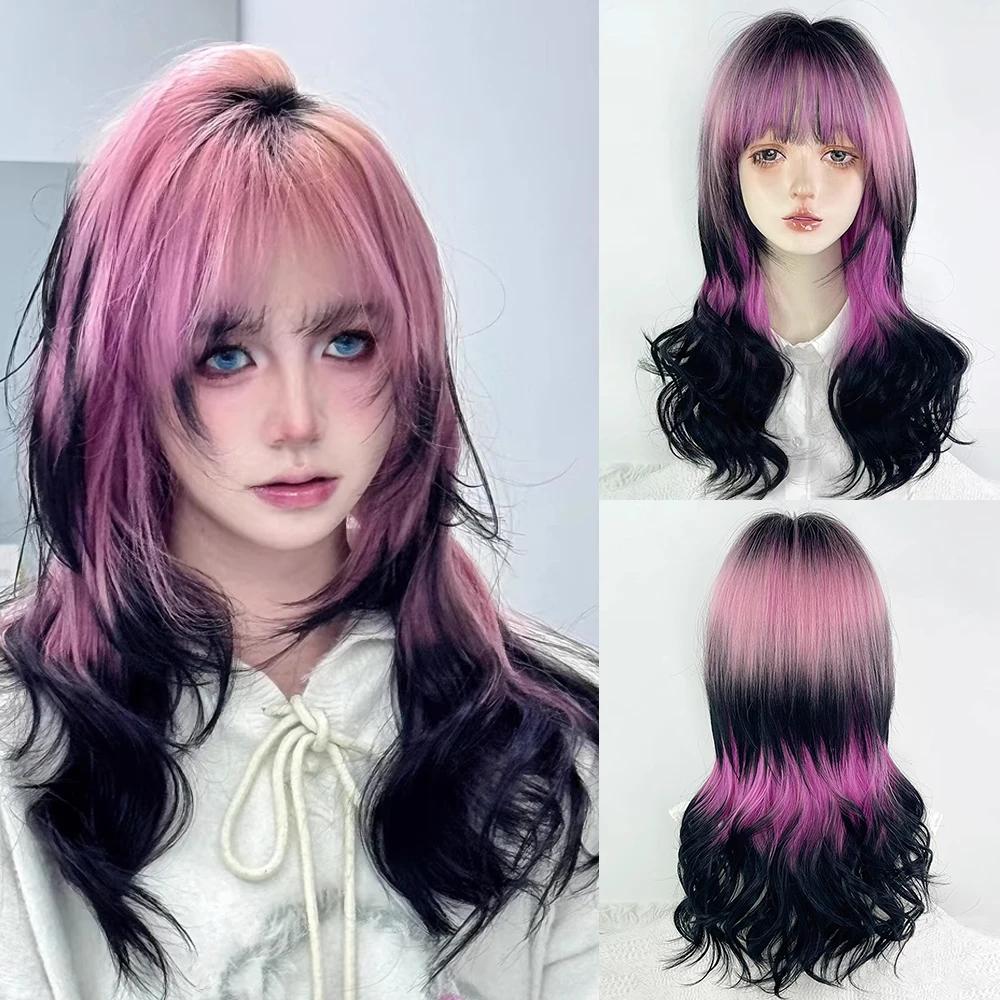 

Synthetic Wigs Long Wavy Heat Resistant Women Fluffy Wig for Daily Party Pink Ombre Black Rose Red Jellyfish Head