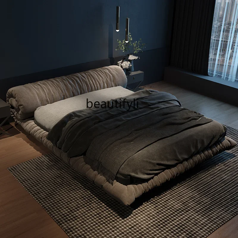 Italian wabi-sabi wind fabric bed designer flower roll bed master bedroom tatami double bed matte material