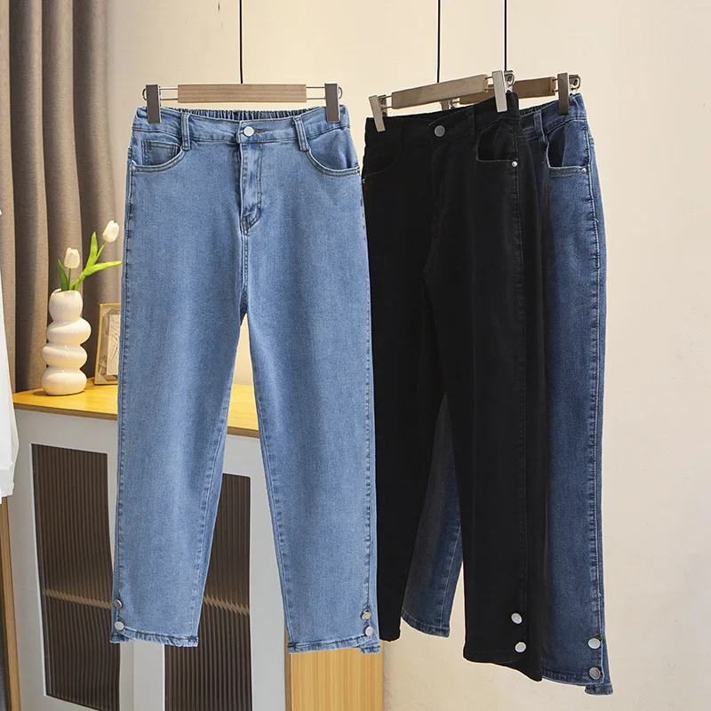 Drainpipe Jeans for Women, High Waist, Button Leg Opening, Slim Denim, Ankle-Length Straight Pants, Black, Plus Size, Boyfriend