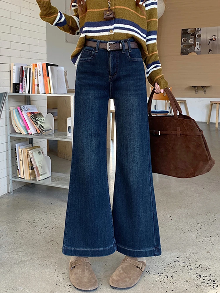 

Ретро джинсы с микро-клешем и подкладкой, женские, осенне-зимние, новые, с высокой талией, облегающие, А-силуэт, укороченные (9/10 длины), маленький размер