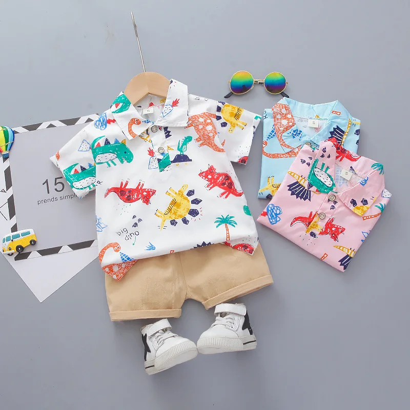 Children's Clothes Boys Full Print Cartoon Dinosaur Shirt 0-4 Years Old Children Lapel Short Sleeve T T 2 Piece Set