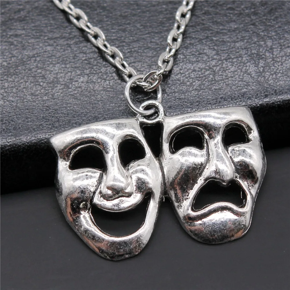 Fashion Simple Vintage Antique Silver Color 30x23mm Laughing Face Sad Face Pendant Necklace For Women