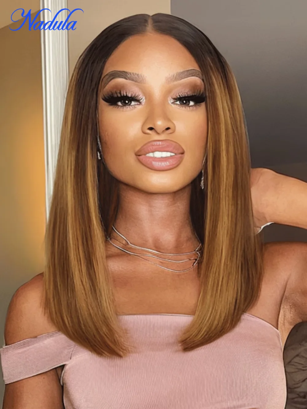 

Nadula Bye-Bye Knots 7x5 Honey Brown Piano Highlight Bob Wig With Dark Roots Put on and Go Wig Invisible Knots Wig