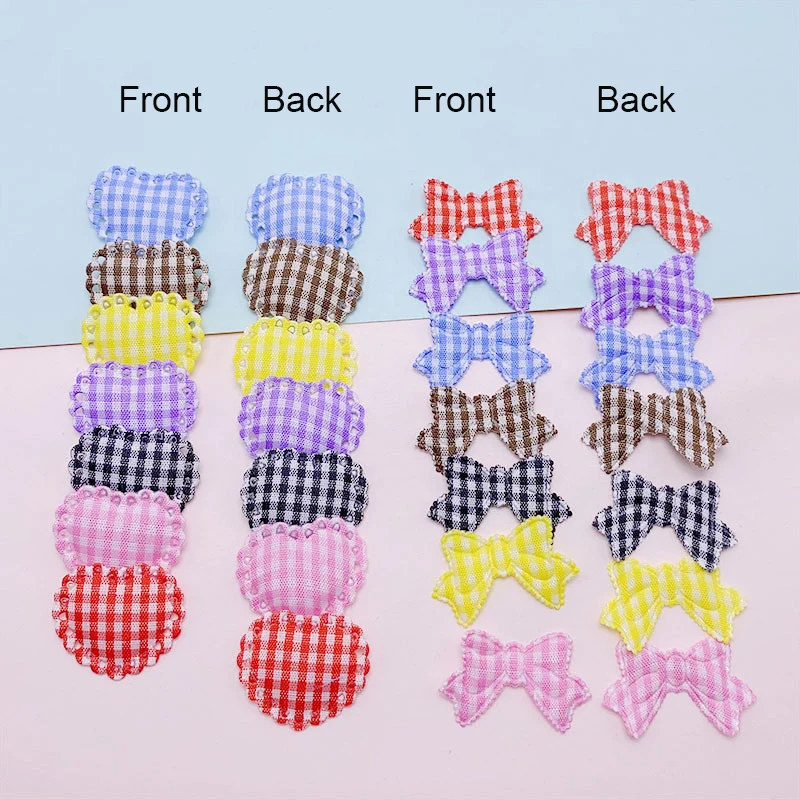 70Pcs Lattice Fabric Heart Bowknot Padded  Appliques For DIY Hair Clip Accessories Garment Headwear Decor Patches