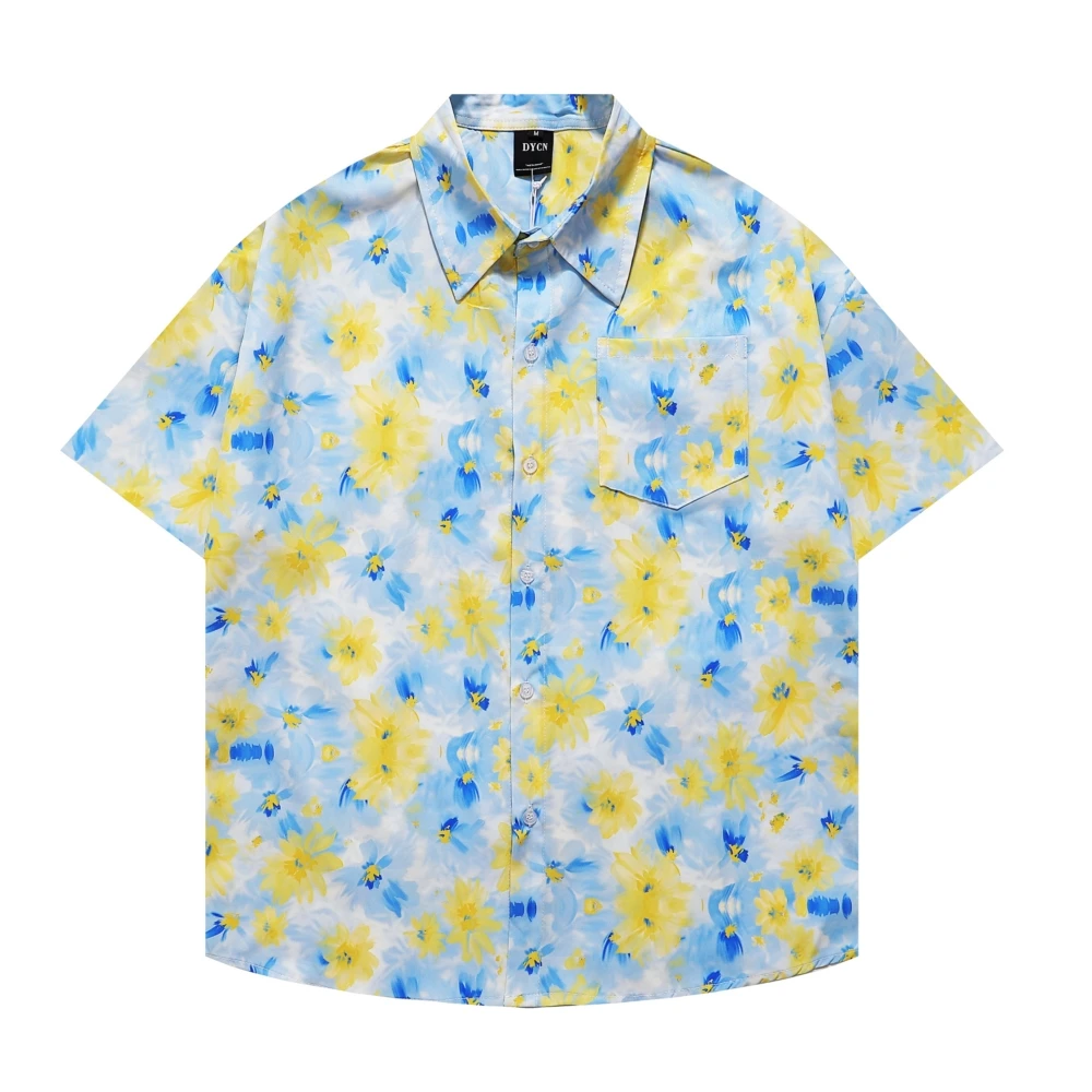 

Men Y2k Hawaiian Shirt Hip Hop Streetwear Pale Yellow Flower Beach Shirt Short Sleeve Women Aloha Shirt Thin Loose Tops Unisex