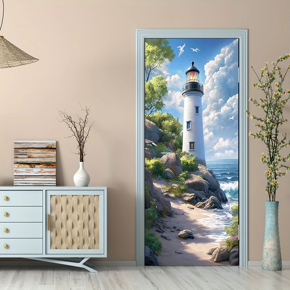1 stücke Selbstklebende Abnehmbare Vinyl Tür Aufkleber Meer Leuchtturm Landschaft Dekoration Tür Aufkleber Moderne Einfache Stil Zuhause