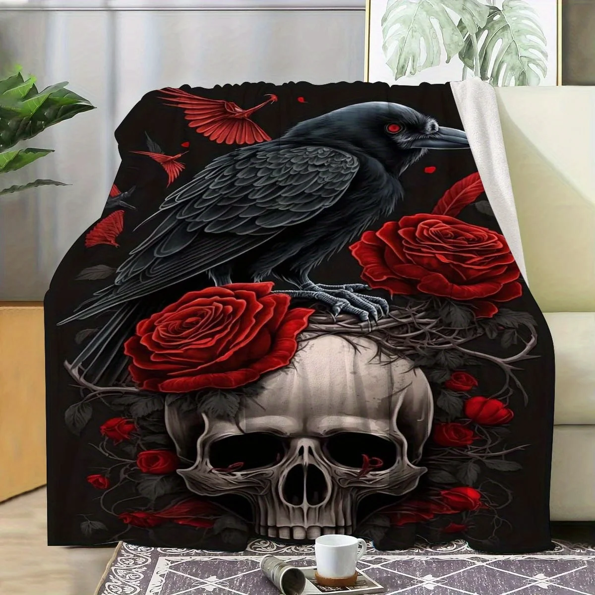 Flanelldecke mit Raven-Rose-Schädel – Premium-Gothic-Überwurf für Sofa/Bett/Büro, Halloween/Geburtstagsgeschenk für Erwachsene, ganzjährig
