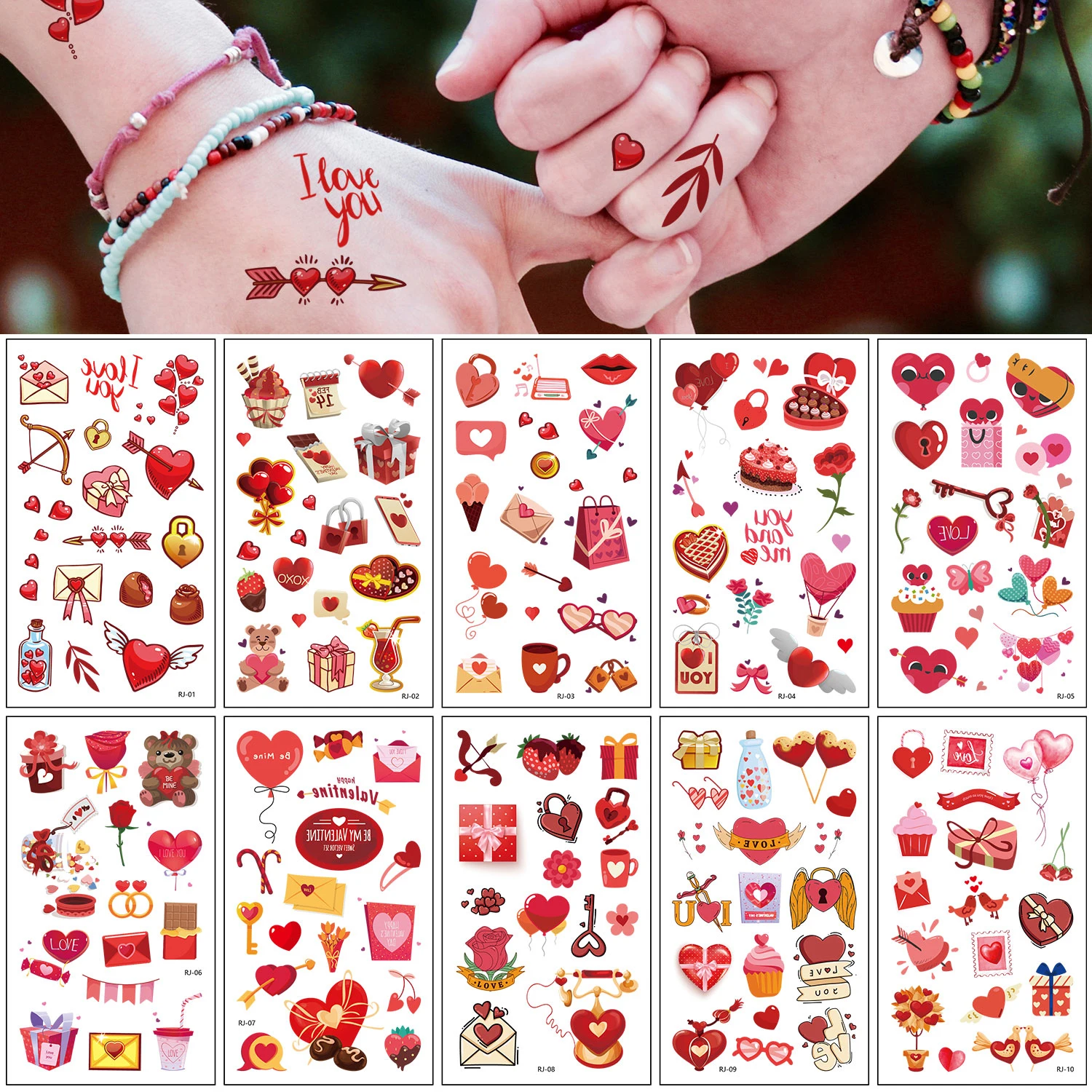 10 Sheets Valentine\'s Day Series Love Letter Heart Cake Gift Pattern Temporary Tattoo Stickers