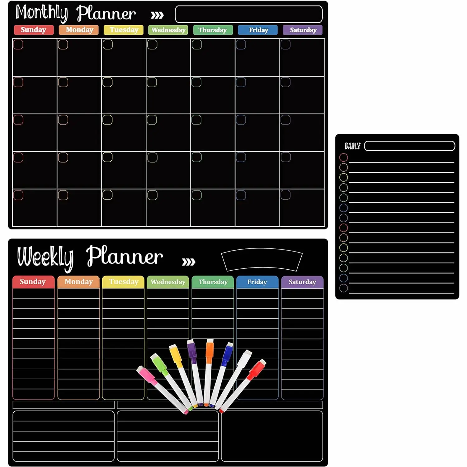 Hivillexun Black Dry Erase Boards Set - 3 Magnetic Boards for Refrigerator, Monthly, Weekly Organizer & Daily Notepad, Wall