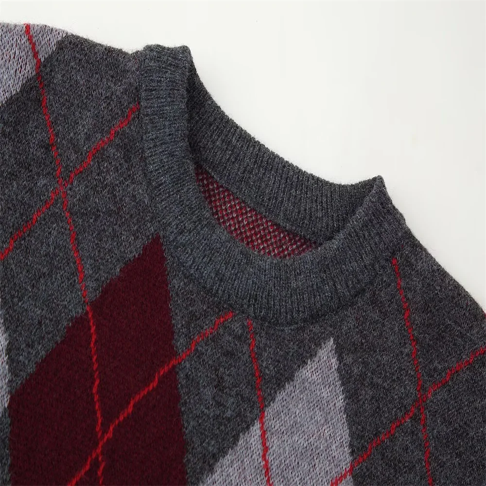 Pull rétro à manches longues et col rond pour femme, vêtement rétro avec grille de diamant contrasté, nouveau style de tempérament, automne et hiver