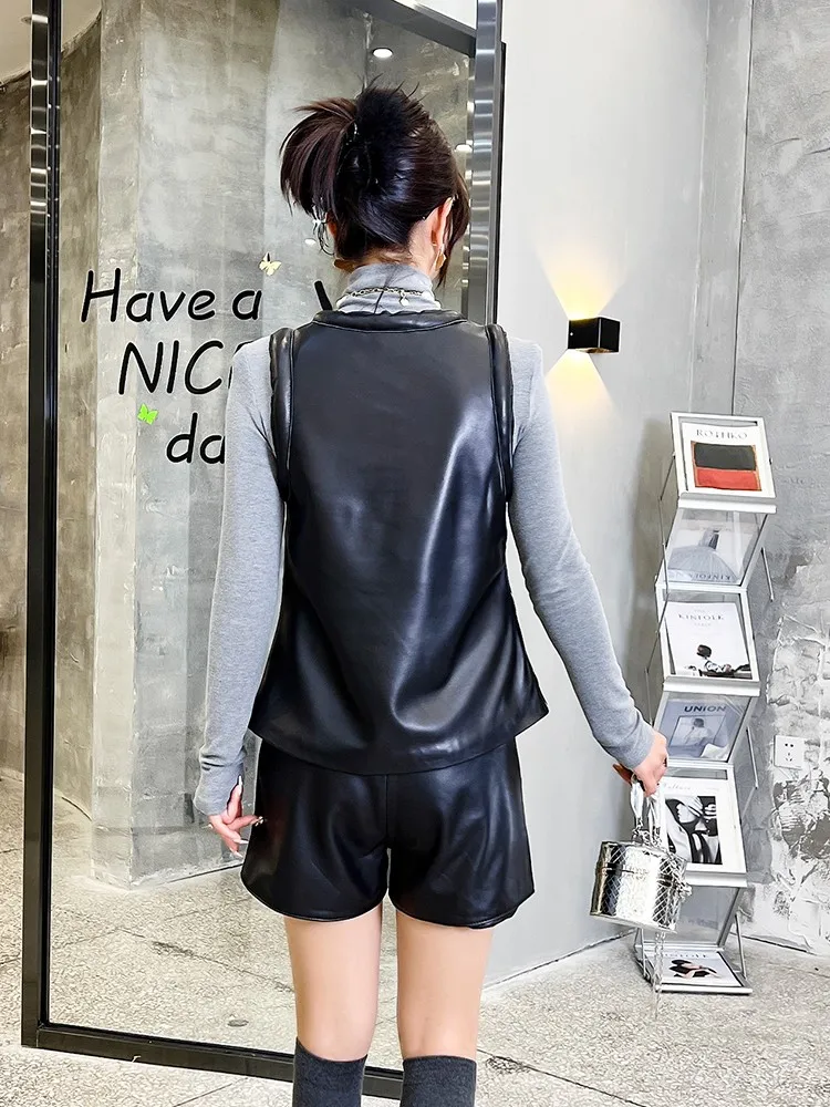 O-Neck Fashion Casual Women Genuine Leather Vest Slim Fit Black Street Jacket Pullover Sleeveless Sheepskin Waistcoat Female