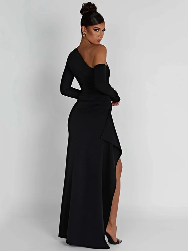 Oblique Shoulder Thigh High Split Maxi Dress Women Long Sleeve Backless Bodycon Sexy Club Party Long Dress Vestidos