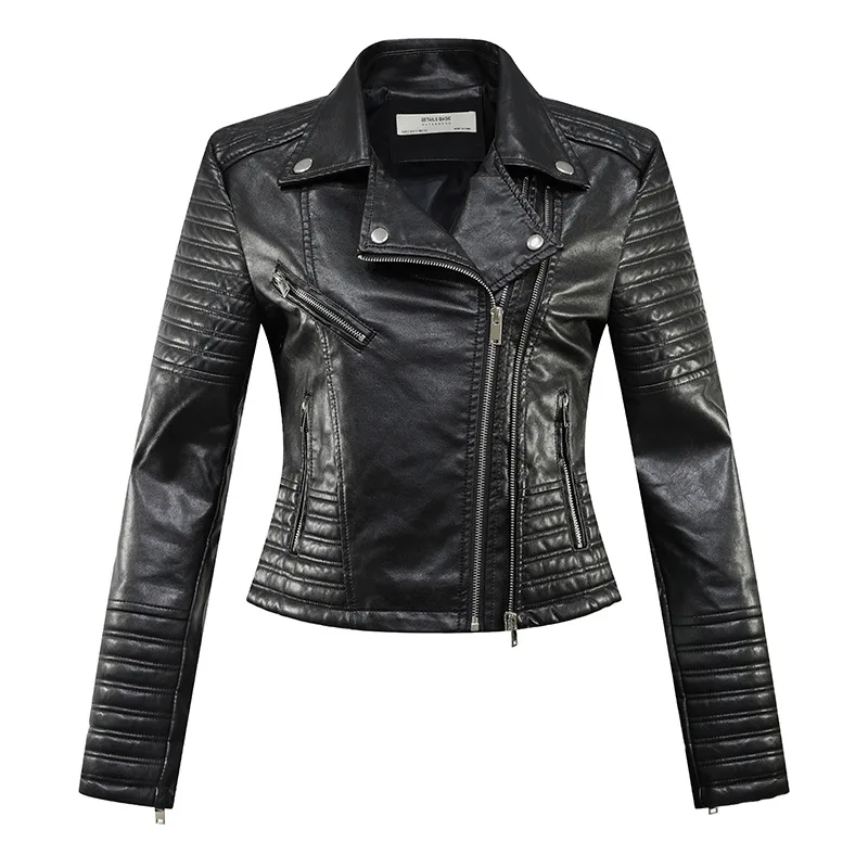 PU Leather Motorcycle Jacket, Slim Fit, Short Lapel, Black Zipper, Versatile Rock Sports, Autumn, Winter