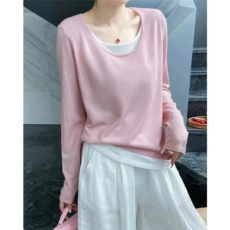 2024 Splicing color contrast cashmere knitwear women\'s spring and autumn thin loose round neck matching color wool base shirt