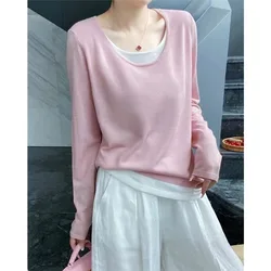 2024 Splicing color contrast cashmere knitwear women's spring and autumn thin loose round neck matching color wool base shirt